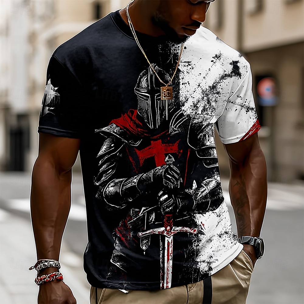 Maglietta per Uomini Crociati Cavalieri Medievali Guerriero con Spada Fantasia Gotica Stile Urban T-Shirt All Over Stampa Vestibilità Regolare Design Nera Bianca Abbigliamento di Design del 2026 a $19.99 –P2