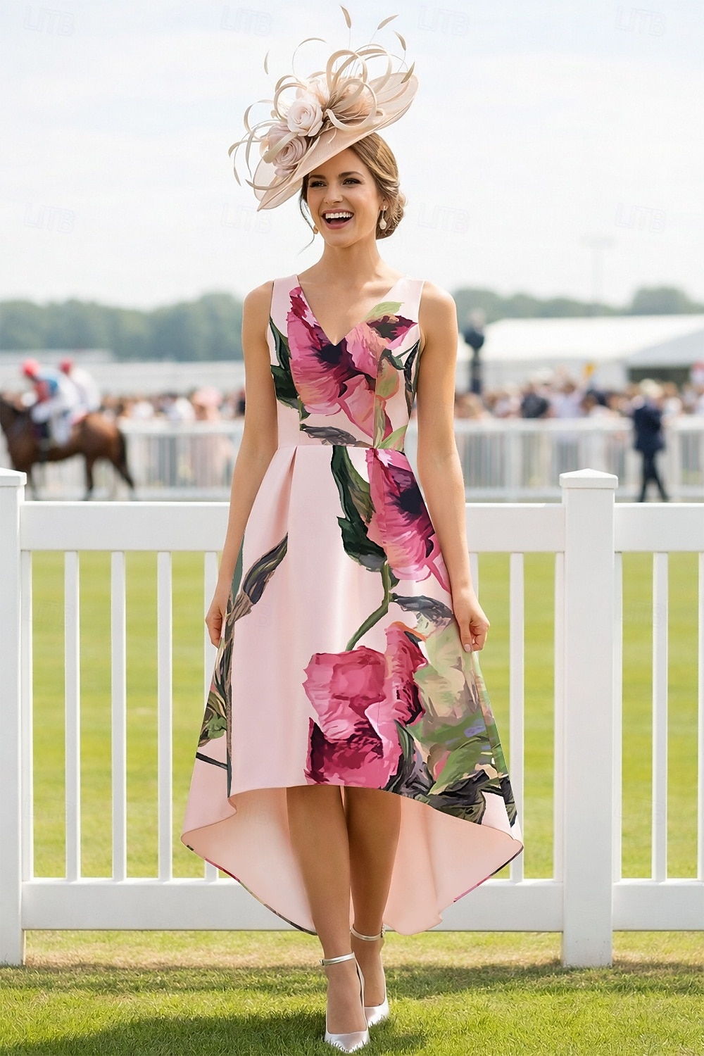Linia -A Asimetric Lungimea ceaiului Rochie Derby Rochie Mama Miresei Fără manșon În V Elegant Epocă Kentucky Derby Satin cu Flori Imprimeu 2026 - $183.99 –P1