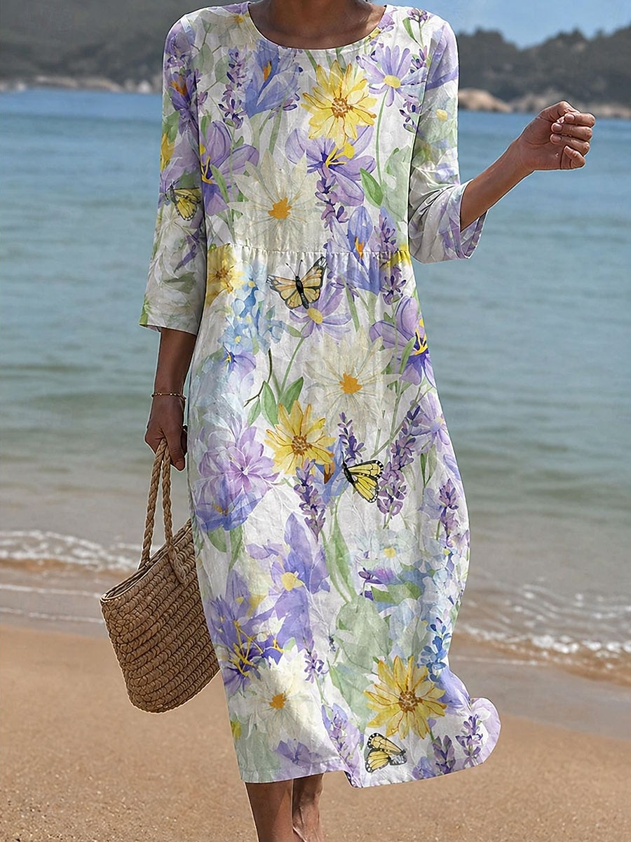 Women's Midi Dress Sundress Summer Dress Vacation Casual Boho Beach Holiday Regular Fit Floral Graphic 3/4 Length Sleeve Crew Neck Blue Pink Purple Summer Spring 2026 - $34.99 –P1
