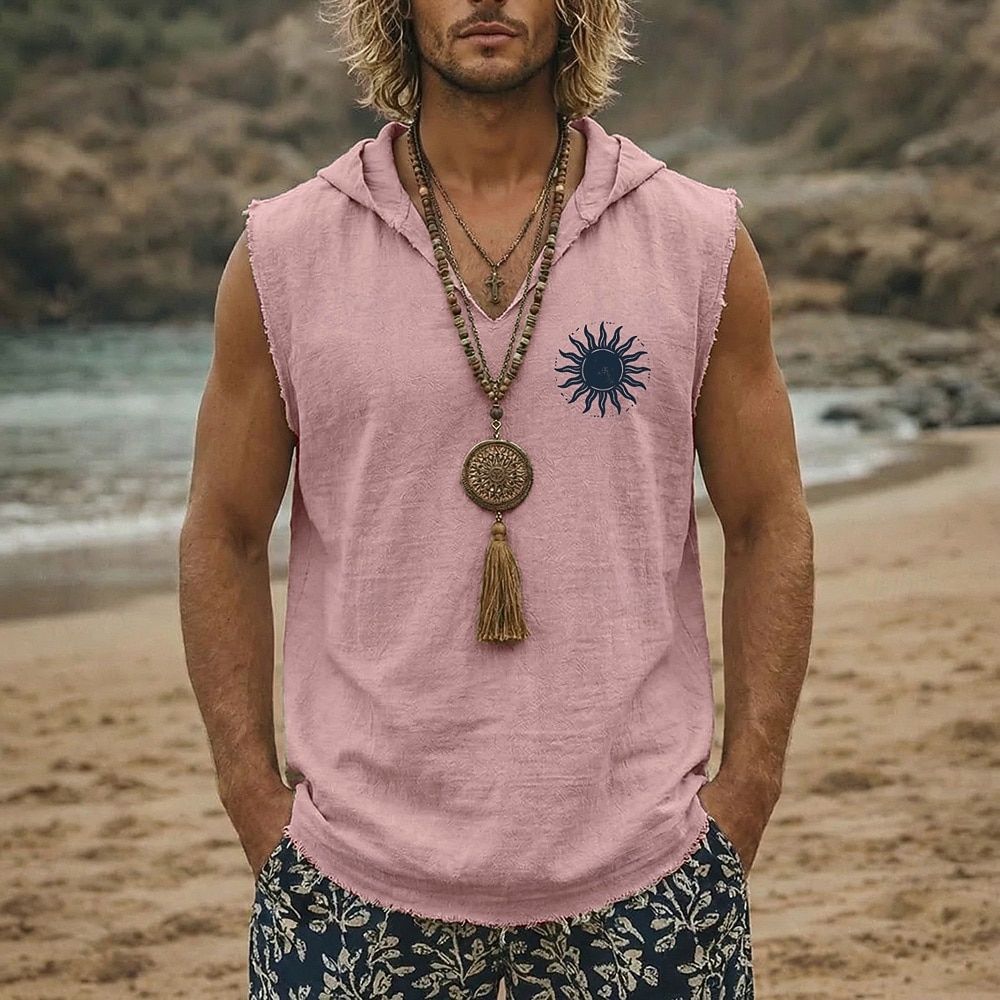 Sweat à capuche sans manches pour homme, style bohème vintage tribal, imprimé soleil céleste, ourlet brut effiloché, coupe ample, col en V, idéal pour la plage, les vacances et les festivals. de 2026 ? $19.99 –P2