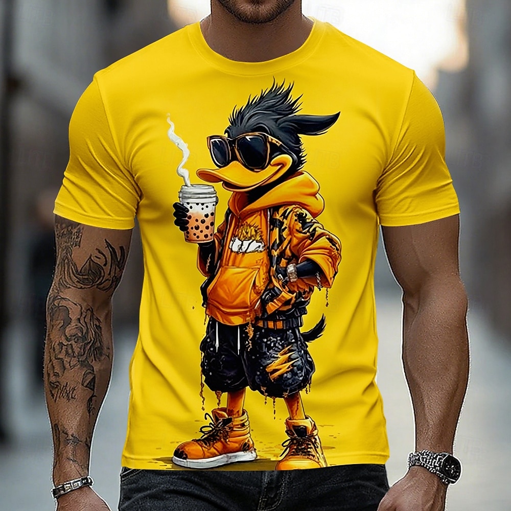 Camiseta gráfica urbana de manga corta con cuello redondo y estampado de pato negro para hombre con gafas de sol, bebiendo té boba. Regalo de cumpleaños divertido para amantes del boba. Ropa de 2026 - $18.99 –P1