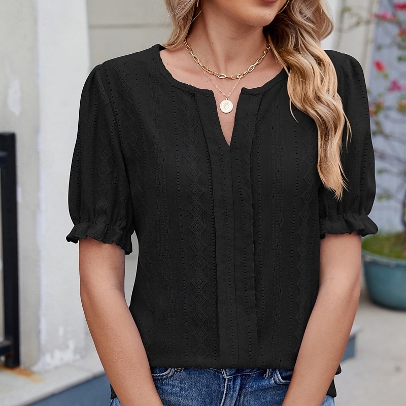 Per donna Blusa con texture Top traforato Maglietta traforata Maglietta Traforato Tinta unica Moda Classico Casual Manica Corta Scollo a V Top Regolari Casuale Quotidiano Spiaggia Nero Bianco Rosa del 2026 a $27.99 –P15