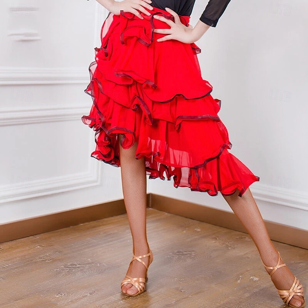gonna da ballo latino-americano rossa da donna, a strati con volant, modello asimmetrico, gonna da allenamento per balli da sala del 2026 a $84.99 –P3