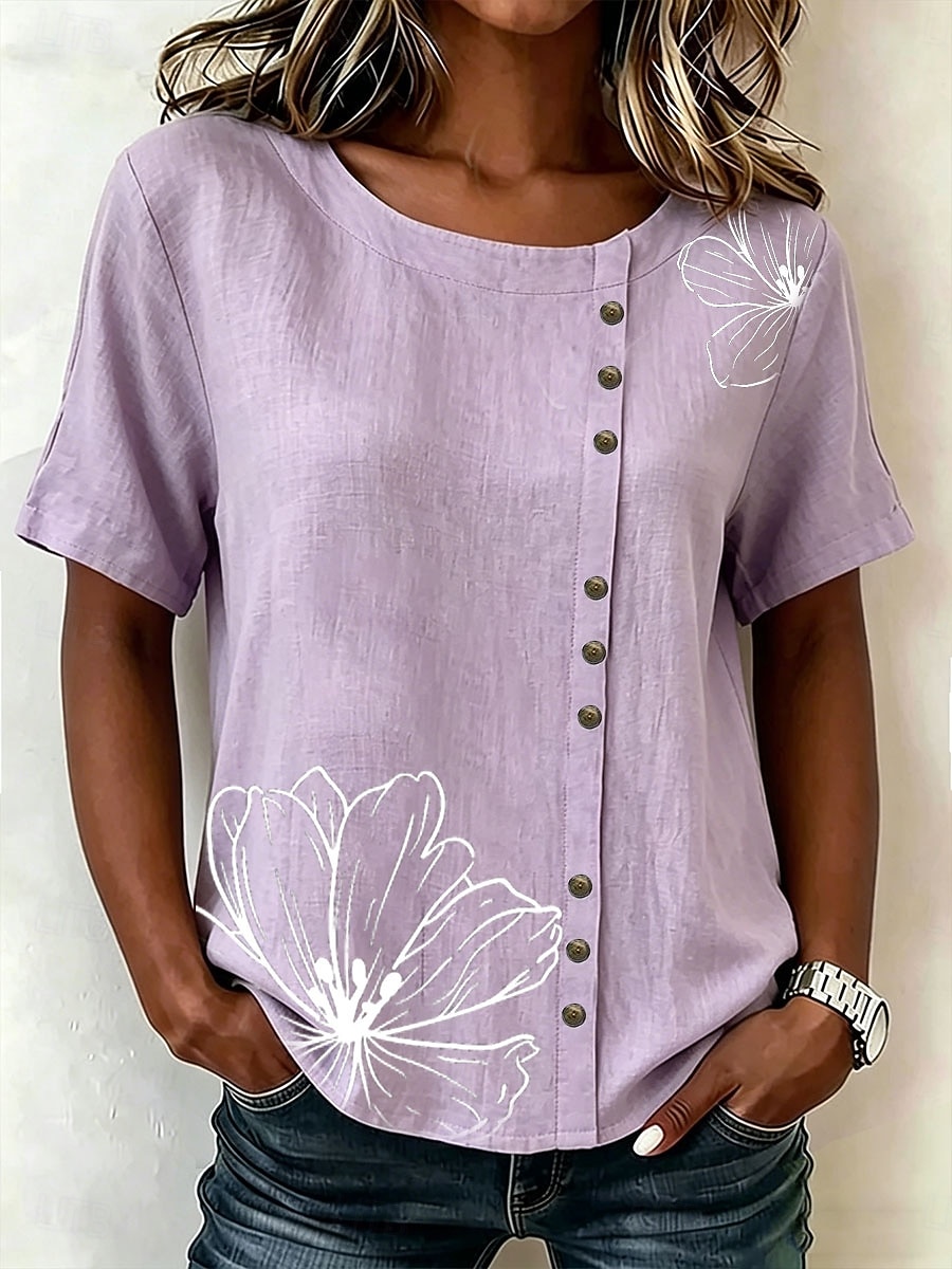 Women's Blouse Buttons Print Floral Graphic Vintage Tropical Stylish Short Sleeve Crew Neck Regular Tops Casual Holiday Blue Pink Purple Green Summer Spring 2026 - $29.99 –P3