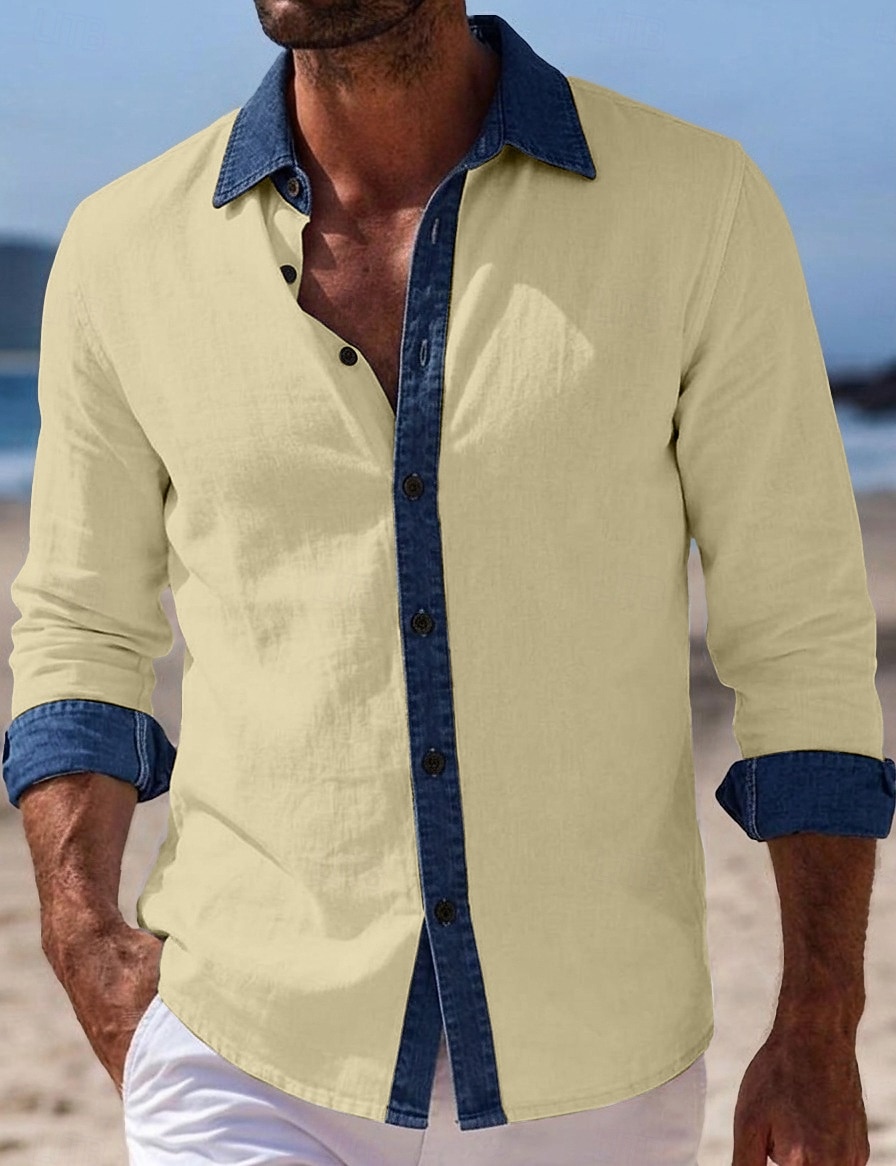 Men's Shirt Linen Shirt Summer Shirt Beach Wear Beach Shirt Button Up Shirt Color Block Vacation Holiday Blue Black White Pink Long Sleeve Turndown Summer Spring Clothing Apparel Patchwork 2026 - $26.99 –P9