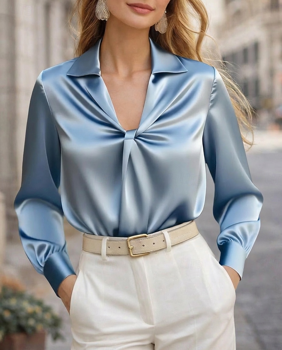 Mujer Top de satén Blusa Tops de Seda Frunce Plano Elegante Diario Casual Manga Larga Escote en Pico Cuello Camisero Tops regulares Diario Negro Blanco Azul cielo Púrpula Claro Albaricoque Primavera 2026 - $26.99 –P2