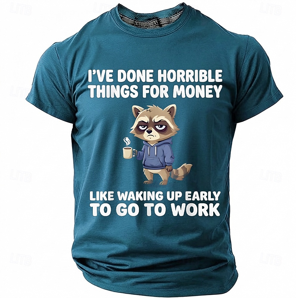Maglietta da uomo con stampa divertente di un procione "Ho fatto cose orribili per soldi", maniche corte, girocollo, procione stanco che beve caffè, umorismo da ufficio, regalo sarcastico per del 2026 a $18.99 –P16