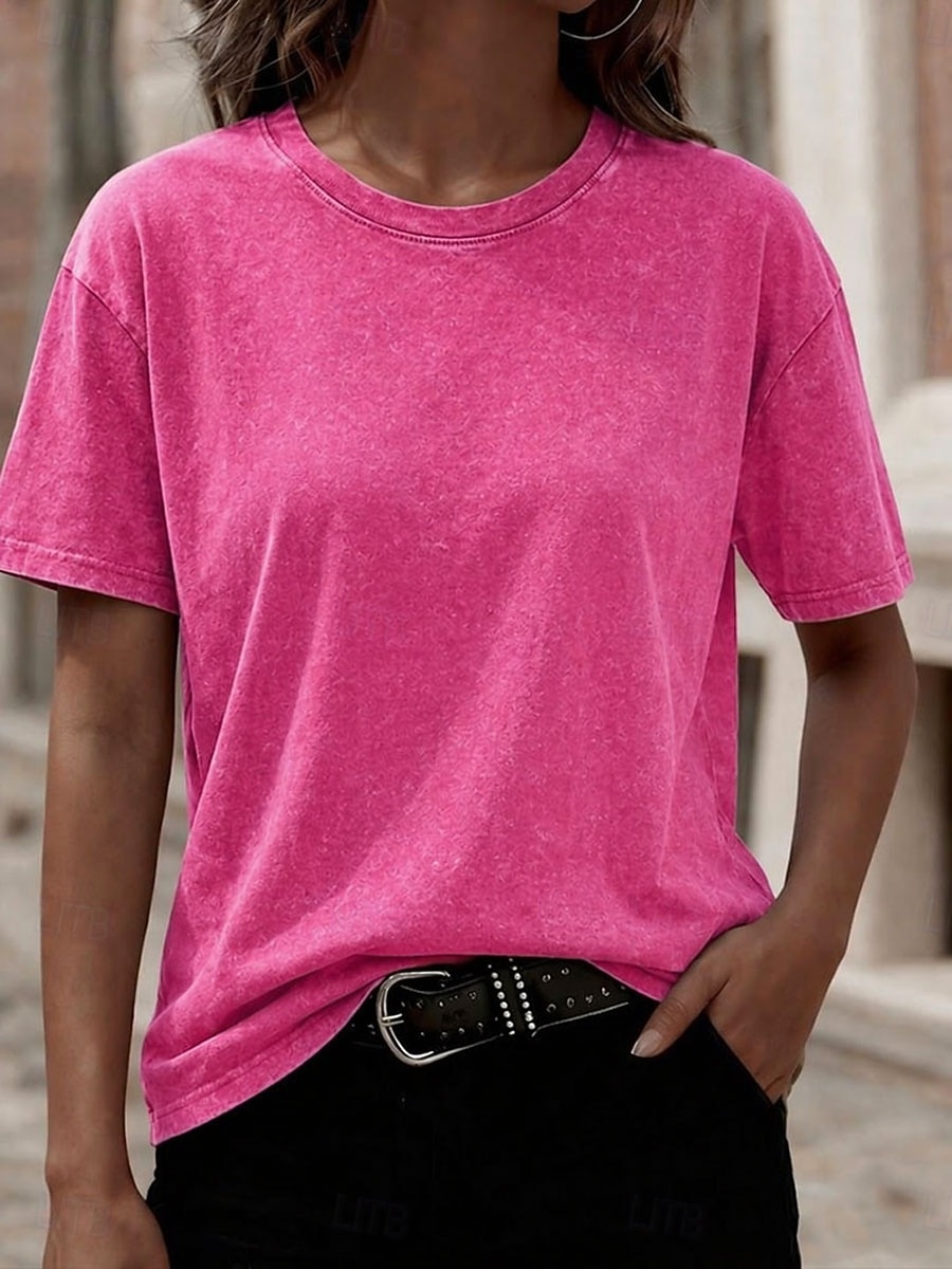 Tricou softfade™ pentru femei, 100% bumbac, spălat, vintage, topuri, modă, stilat, clasic, mânecă scurtă, guler rotund, topuri lungi, casual, zilnic, plajă, roz, roșu, albastru, verde iarbă, negru, portocaliu, vară, primăvară 2026 - $21.99 –P13