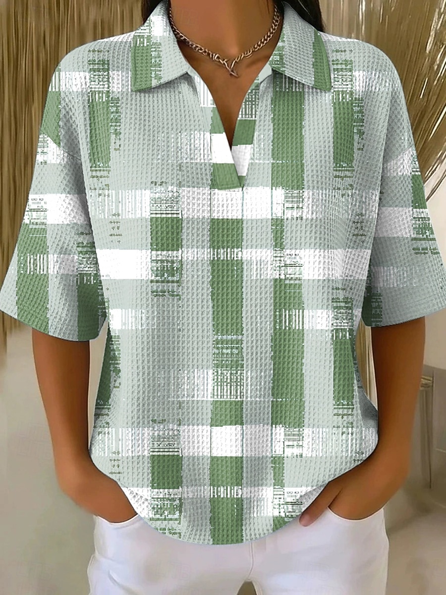 Women's Waffle T-shirt Textured Knit Tops Graphic Geometric Elegant Vintage Stylish Half Sleeve Polo Collar Regular Tops Casual Daily Blue Yellow Green Summer Spring 2026 - $24.99 –P1