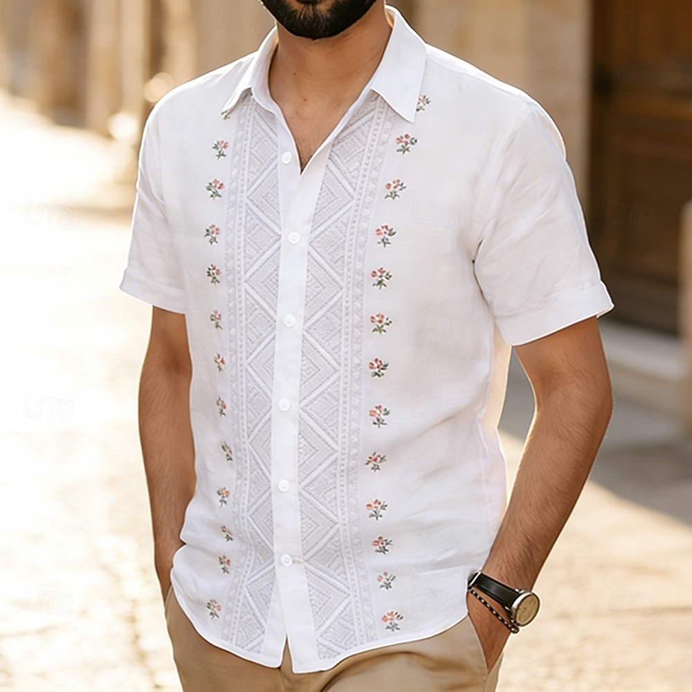 Voor heren Geometrisch Etnisch Bloemen Overhemd Guayabera-shirt Overhemd met knopen Korte mouw Vintage Retro Dagelijks Buiten Vakantie Zomer Lente Strijkijzer 3D-afdrukken Linnenachtig shirt blauw 2026 - $25.99 –P1