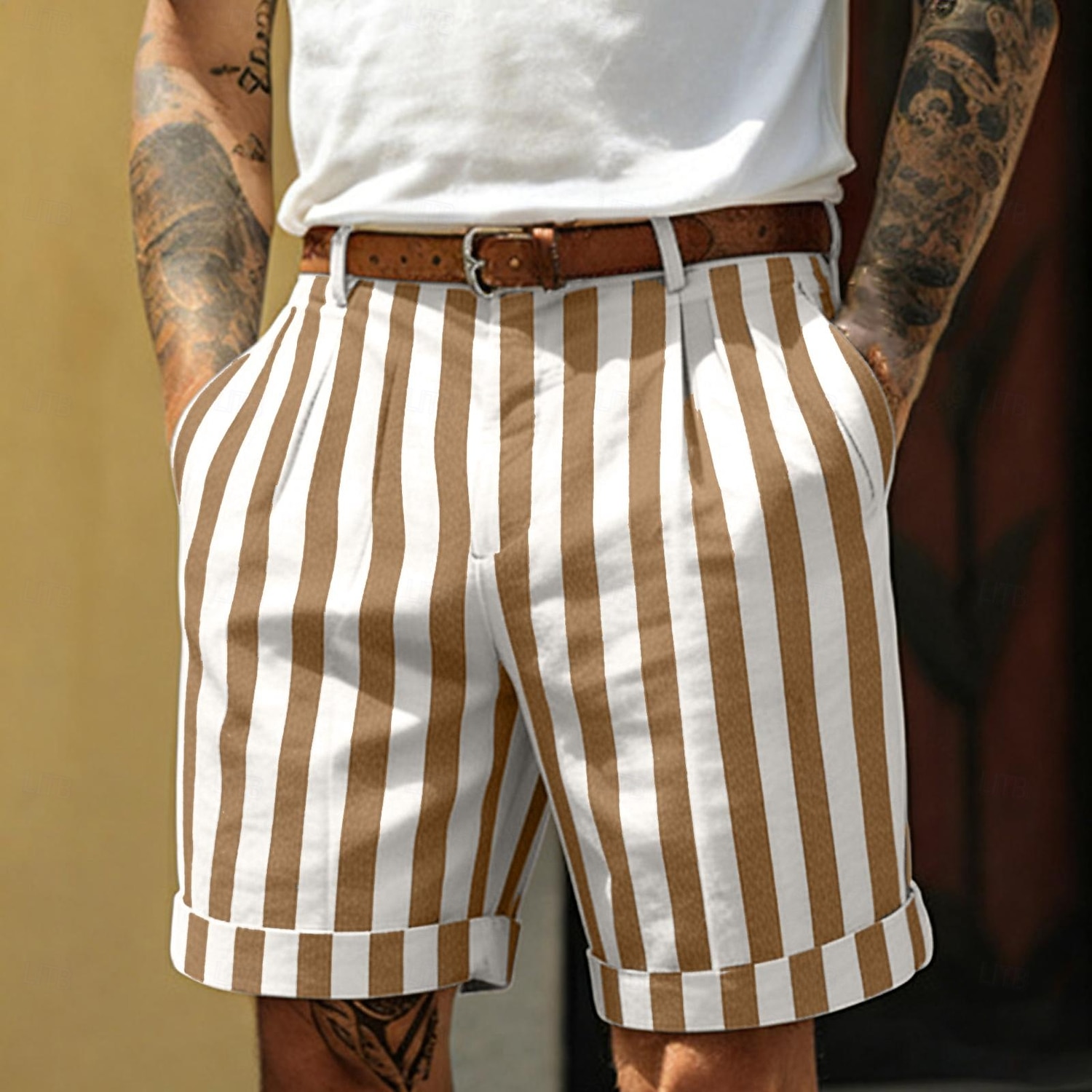 Hombre Pantalón corto Pantalones cortos de lino Pantalones cortos de verano Pantalones cortos de playa Bolsillo Cintura elástica A Rayas Comodidad Transpirable Longitud de la rodilla Casual Diario 2026 - $24.99 –P3