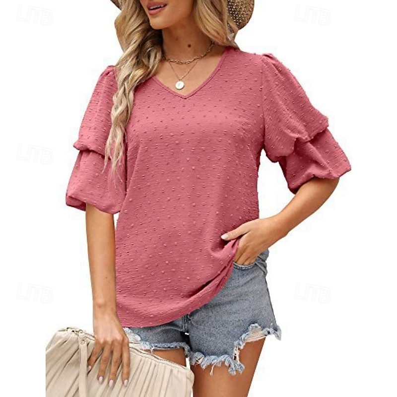 Mulheres Camisa Social Blusa Tops de chiffon Tecido à moda Básico Clássico Manga Curta Manga Princesa Decote V Tops regulares Casual Diário Feriado Azul Preto Branco Vinho Verde Escuro Verão Primavera de 2026 por $18.49 –P3