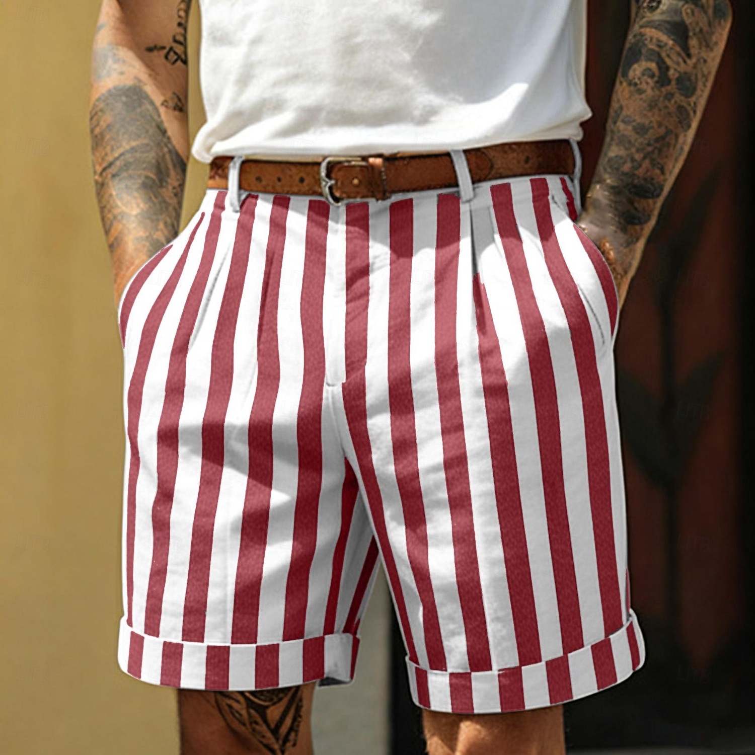 Hombre Pantalón corto Pantalones cortos de lino Pantalones cortos de verano Pantalones cortos de playa Bolsillo Cintura elástica A Rayas Comodidad Transpirable Longitud de la rodilla Casual Diario 2026 - $24.99 –P1