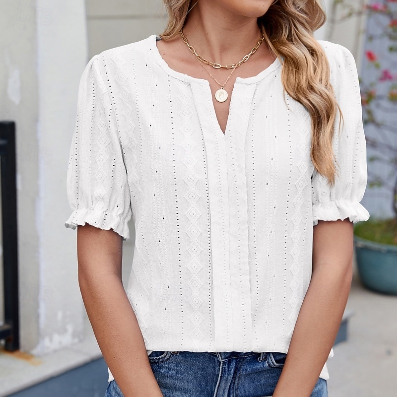 Per donna Blusa con texture Top traforato Maglietta traforata Maglietta Traforato Tinta unica Moda Classico Casual Manica Corta Scollo a V Top Regolari Casuale Quotidiano Spiaggia Nero Bianco Rosa del 2026 a $27.99 –P18