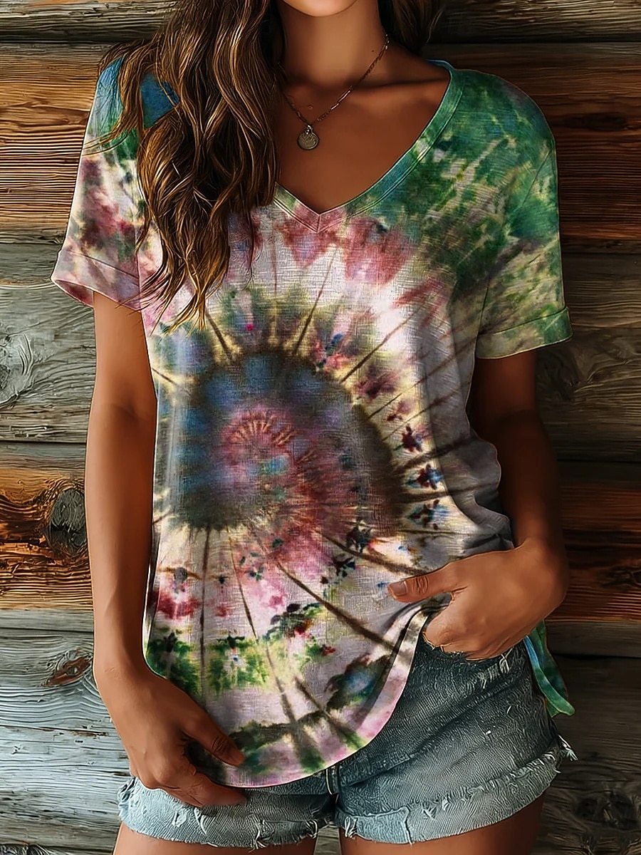 Dames T-shirt Afdrukken Grafisch Tie Dye Abstract Stijlvol Klassiek Casual Korte mouw V-hals Normale tops Casual Dagelijks Paars Bruin Groen Zomer Lente 2026 - $22.99 –P3