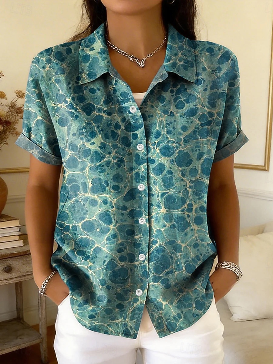 Mujer Camisa Botones Estampado Floral Graphic Geométrico Diario Elegante Casual Manga Corta Cuello Camisero Tops cortos Casual Diario Verde salvia Verde Trébol Verano Primavera 2026 - $28.99 –P2