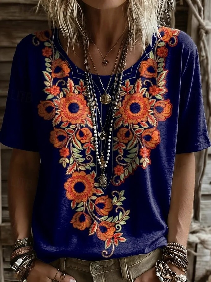Per donna Maglietta Stampato Floreale Grafico Geometrico Vintage Elegante Casual Manica Corta Scollo a V Top lunghi Casuale Quotidiano Weekend Blu Viola / Blu Nero Giallo Vino Estate Primavera del 2026 a $7.99 –P9