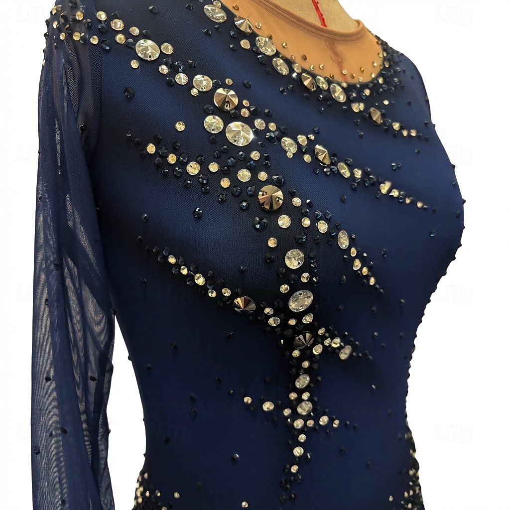 Figure Skating Dress Women's Girls' Ice Skating Dress Dark Blue Thumbhole Halo Dyeing High Elasticity Professional Competition Skating Wear Thermal Warm Crystal / Rhinestone Long Sleeve Ice Skating 2026 - $335.69 –P5