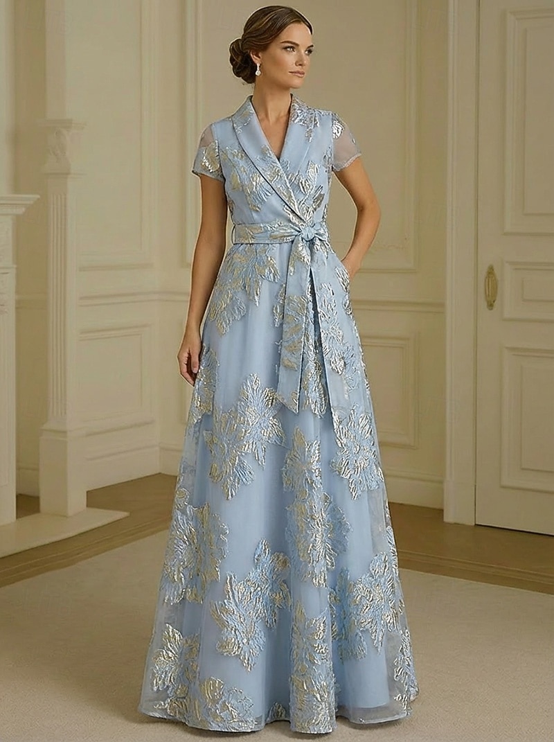 Linea ad A Abito Lunghezza al pavimento Abito da Cocktail Abito da cerimonia per signora Manica Corta Scollo a V Bavero Elegante Vintage Semplice Formale Ospite di nozze Derby del Kentucky Organza del 2026 a $182.99 –P4