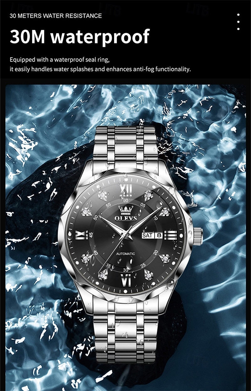 OLEVS Automatic Watch for Men, All Black Stainless Steel Luxury Business Self Winding Wristwatch with Day Date and Luminous Diamonds, Waterproof Analog Dress Watch, Gift for Husband Dad 2026 - $76.99 –P11