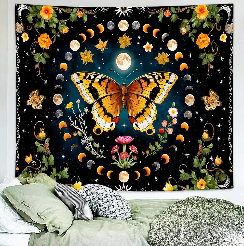 Boho mandala wandtapijt met halve maan, sterrenhemel en bloemen, wanddecoratie in verbrand oranje, hippie-psychedelische stijl, grote stoffen poster voor slaapkamer, studentenkamer, woonkamer, yoga en 2026 - $20.99 –P5