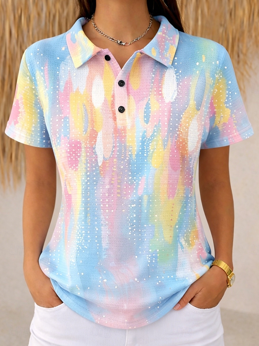 Femmes Chemise Chemises Polo Gaufre Hauts d'été A Ombre Graphique Géométrique ancien Élégant Manche Courte Col Rabattu Col Polo Hauts Réguliers Mariage à la plage Occasionnel Quotidien Bleu Rose de 2026 ? $24.99 –P4