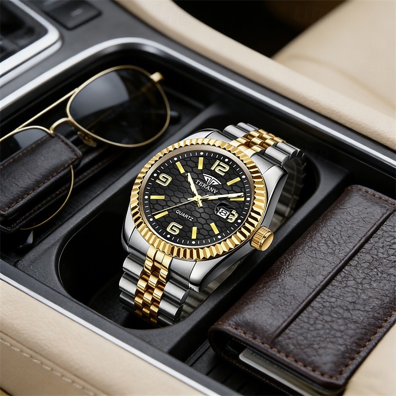 Montre homme de luxe, cadran noir nid d'abeille, mouvement quartz bicolore or et argent en acier inoxydable, lunette cannelée, montre habillée avec date, bijou élégant à offrir. de 2026 ? $21.99 –P9