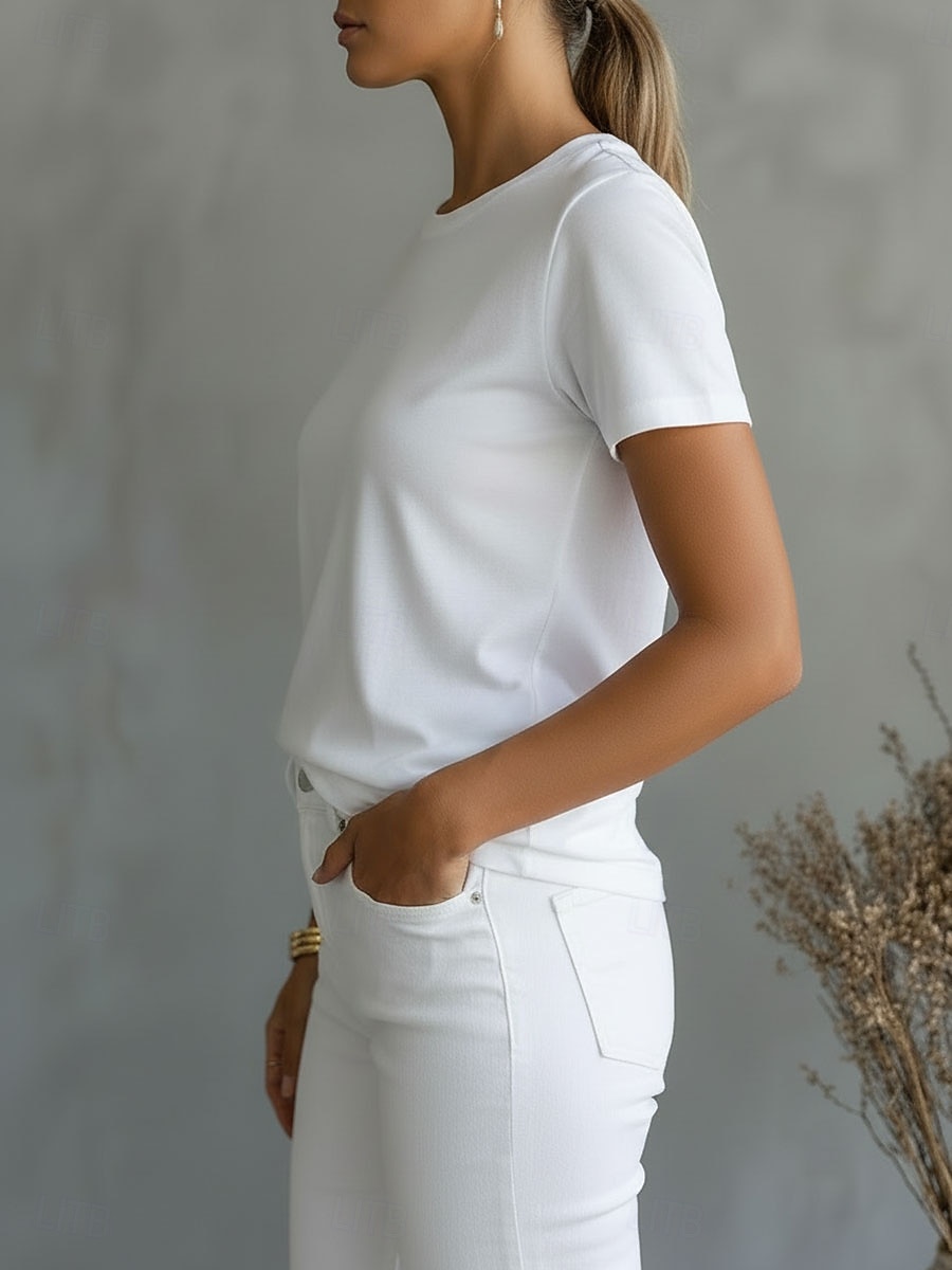 Mulheres Camiseta Camisa de algodão T-shirt Côr Sólida Moda à moda Básico Manga Curta Gola Redonda Decote Redondo Tops regulares Casual Diário Para Noite Branco Rosa Vermelho Laranja Verão Primavera de 2026 por $19.99 –P3