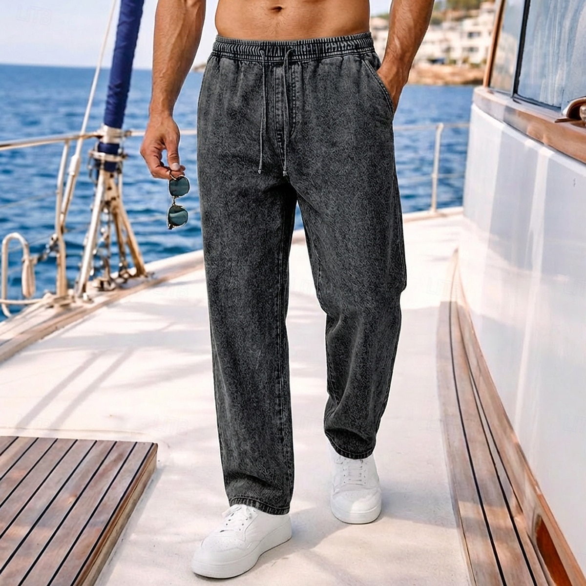 Pantalones softfade™ para hombre, pantalones casuales de verano, pantalones vaqueros 100% algodón, cintura elástica con cordón, pierna recta, lisos, cómodos, transpirables, largos, casuales, para uso diario, actividades al aire libre, vacaciones. 2026 - $17.49 –P10
