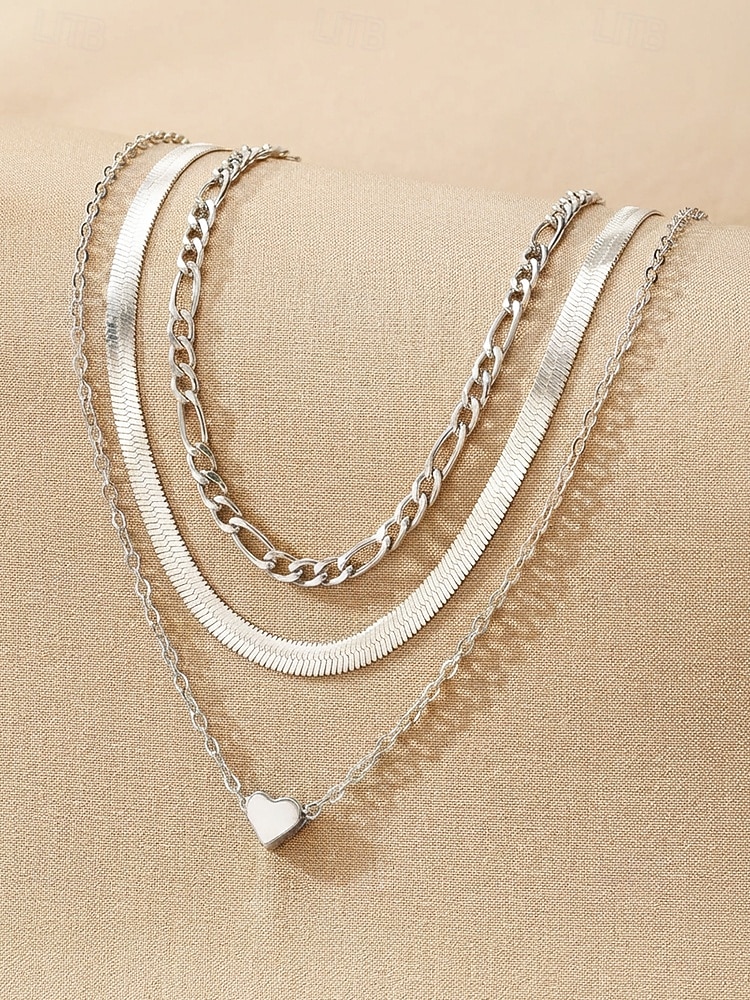 Set di collana da donna con ciondolo a cuore a strati in lega, collana girocollo a catena multipla oro e argento per vacanze al mare, abbigliamento casual quotidiano, viaggi e stile minimalista. del 2026 a $7.99 –P6