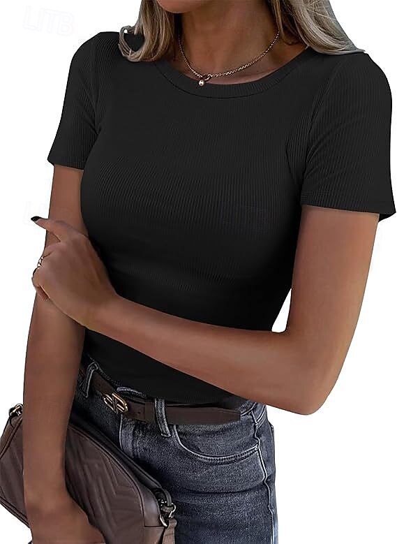 Women's Blouse Solid Color Vintage Stylish Basic Short Sleeve Round Neck Regular Tops Daily Blue Black White Pink Purple Summer Spring 2026 - $19.99 –P4
