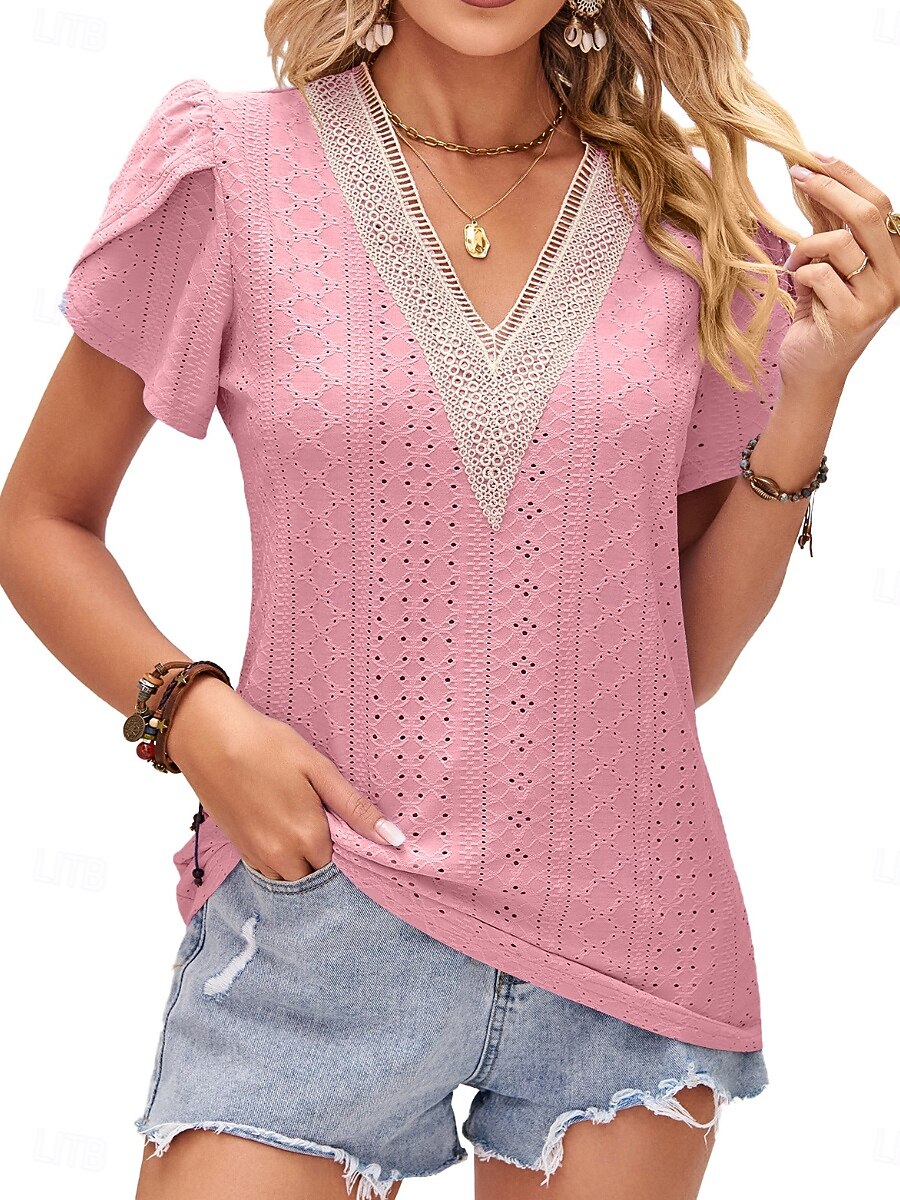 Women's Texture Blouse Eyelet Top Pointelle Tee Blouse Hollow Out Color Block Active Stylish Short Sleeve V Neck Regular Tops Casual Daily Outdoor White Pink Summer Spring 2026 - $25.99 –P2