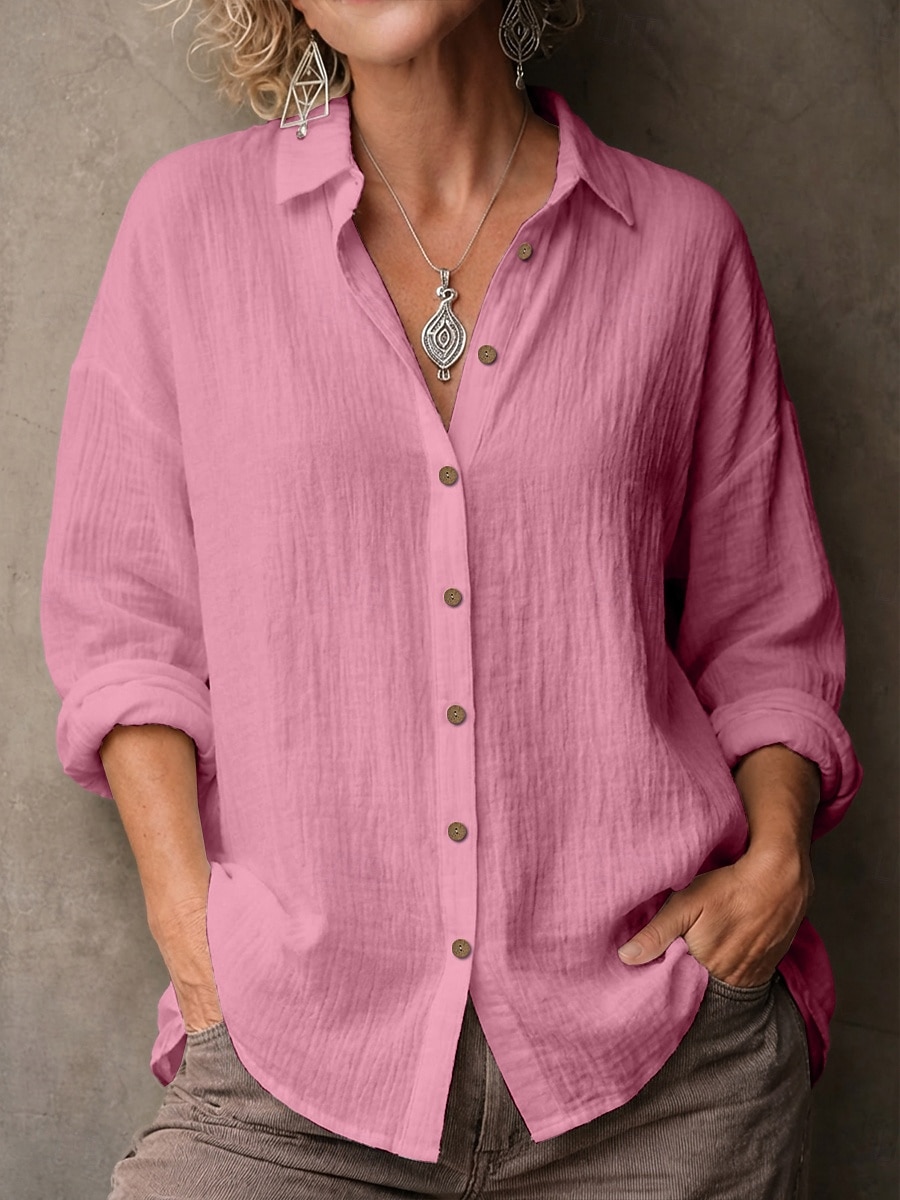 2026年 女性用 シャツ ブラウス フェイクリネンシャツ 純色 ベーシック カジュアル 長袖 ラペル レギュラートップス カジュアル 日常 ブルー ブラック ホワイト イエロー ピンク 夏 春  コレクション – ₪71 –P4