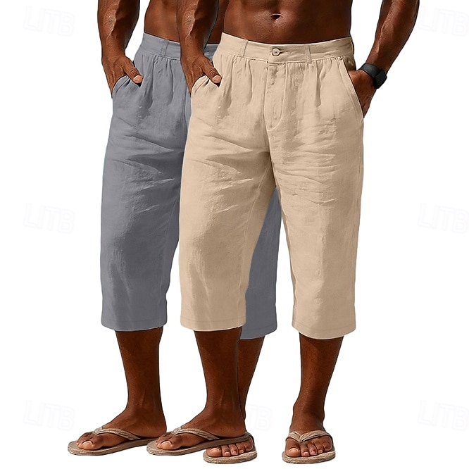 Homme Shorts Capri Shorts en Lin Short décontracté Avec Poches Taille Élastique Uni Confort Respirant Longueur mollet Quotidien Extérieur Plage Vacances Mode Noir + Bleu Marine Bleu Marine + Gris Non de 2026 ? $33.99 –P4
