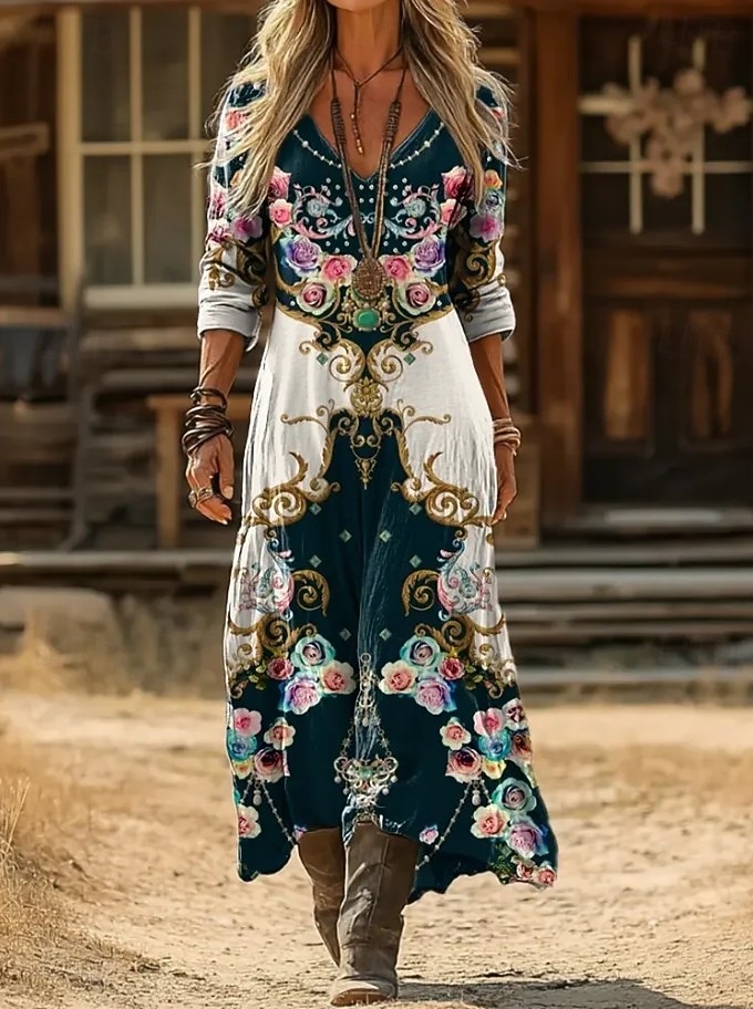 Dames Maxi-jurk Boho-jurk Vintage Jurk Casual jurk Vintage Ruim Passend Bloemig Lange mouw V-hals Zwart en Wit Ijsblauw Zwart Geel Zomer Lente 2026 - $37.99 –P8