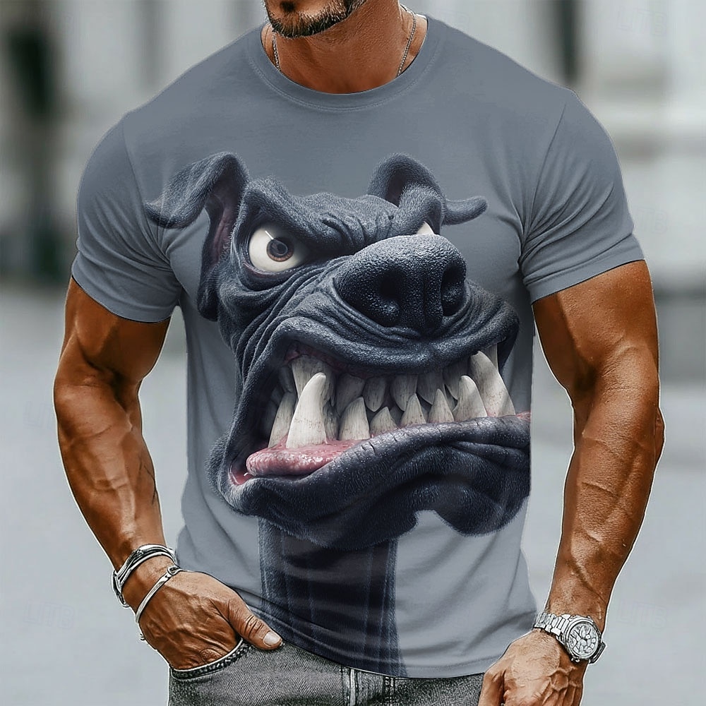 Maglietta da uomo con stampa realistica di bulldog nero ruggente e denti aguzzi, girocollo, maniche corte, grigia, casual, ideale per la palestra o l'allenamento, regalo per gli amanti dei cani, del 2026 a $18.99 –P2