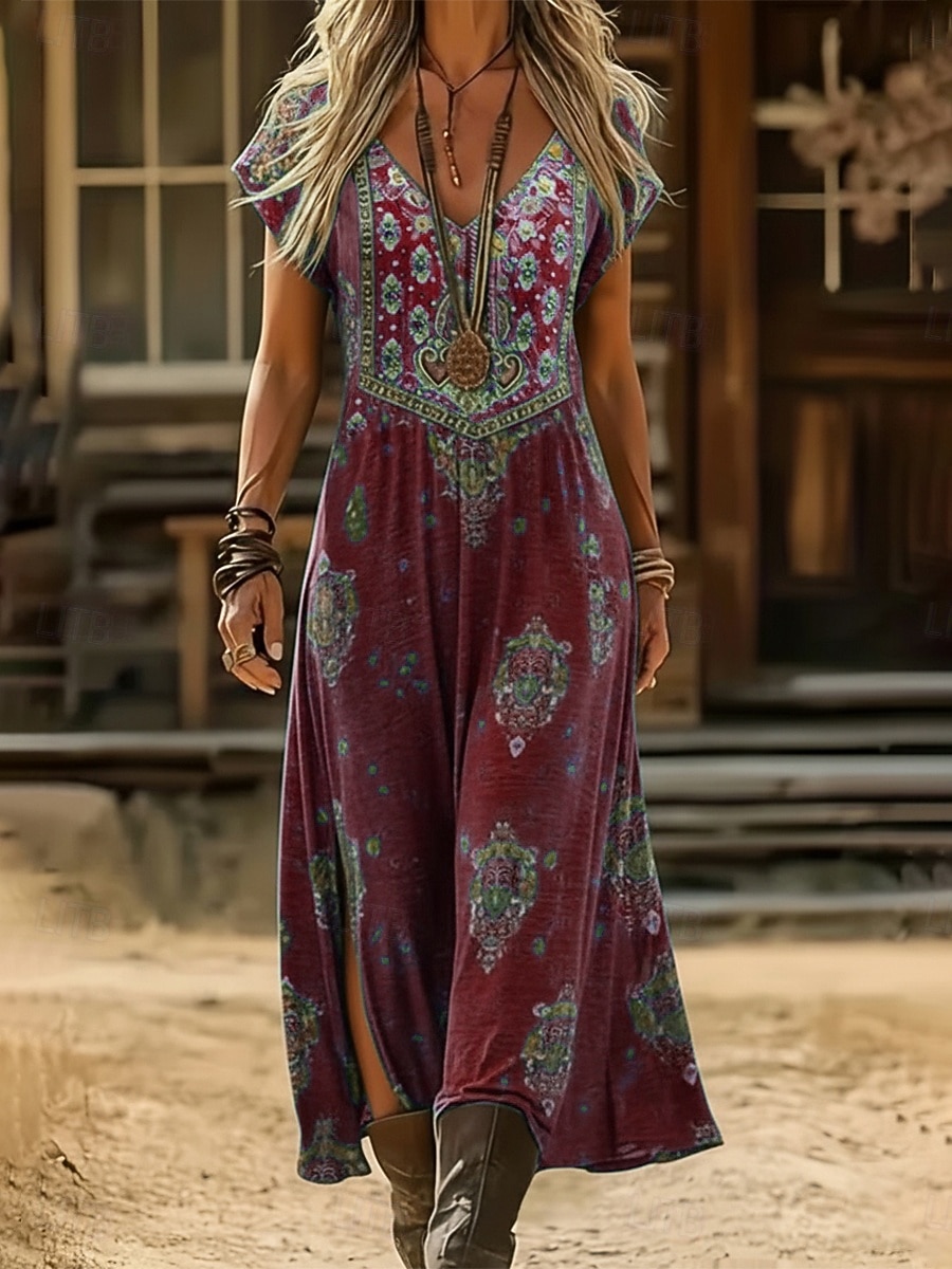 Per donna Abito Midi Abito Boho Vestito Casual Abito a trapezio Abito Stampato Vintage All'aperto Vacanza Weekend Vestibilità regolare Floreale Grafico Manica Corta Scollo a V Blu Vino Blu scuro del 2026 a $12.49 –P5