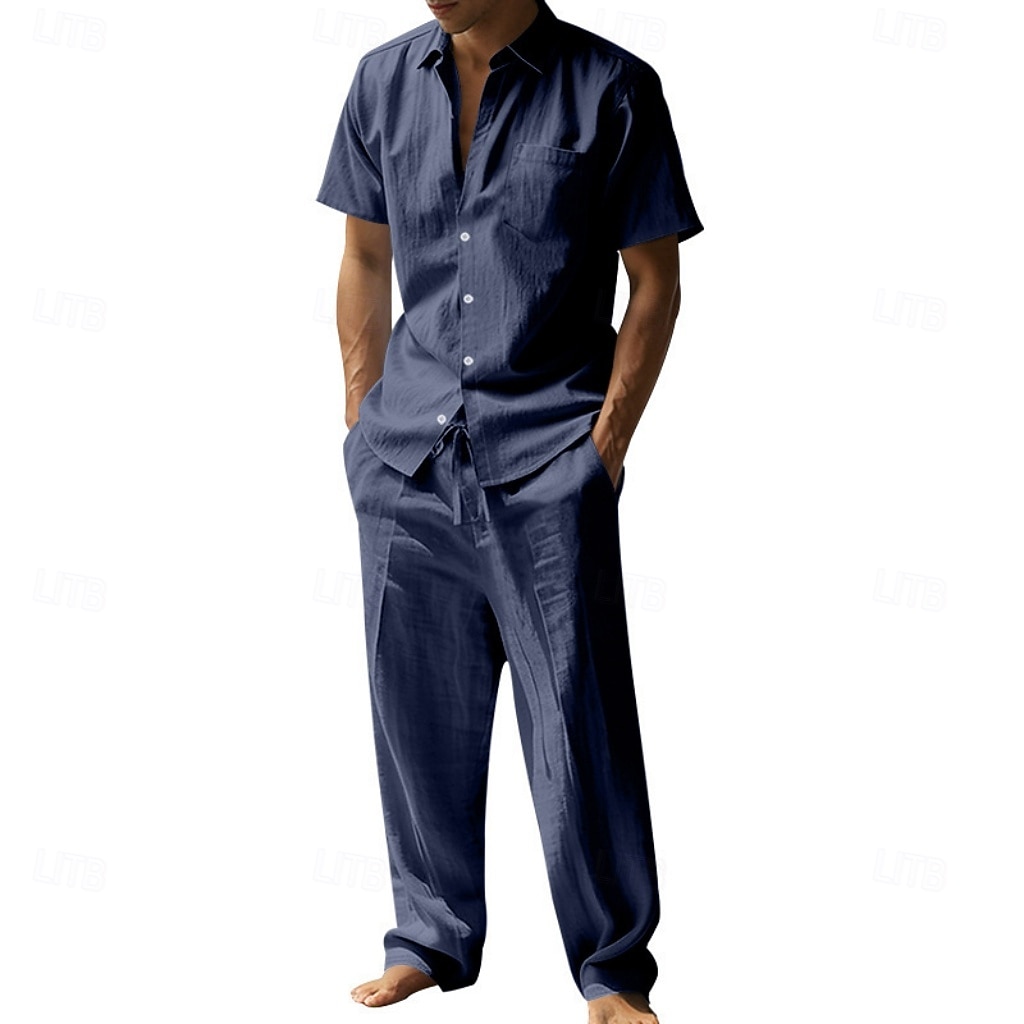 Per uomo Camicia di lino Due pezzi Set Camicia E Pantaloni di Lino Pantaloni Pantaloni casual Impostare Semplice Quotidiano All'aperto Vacanza Collo ripiegato Manica Corta Estate Moda Casual del 2026 a $36.99 –P5