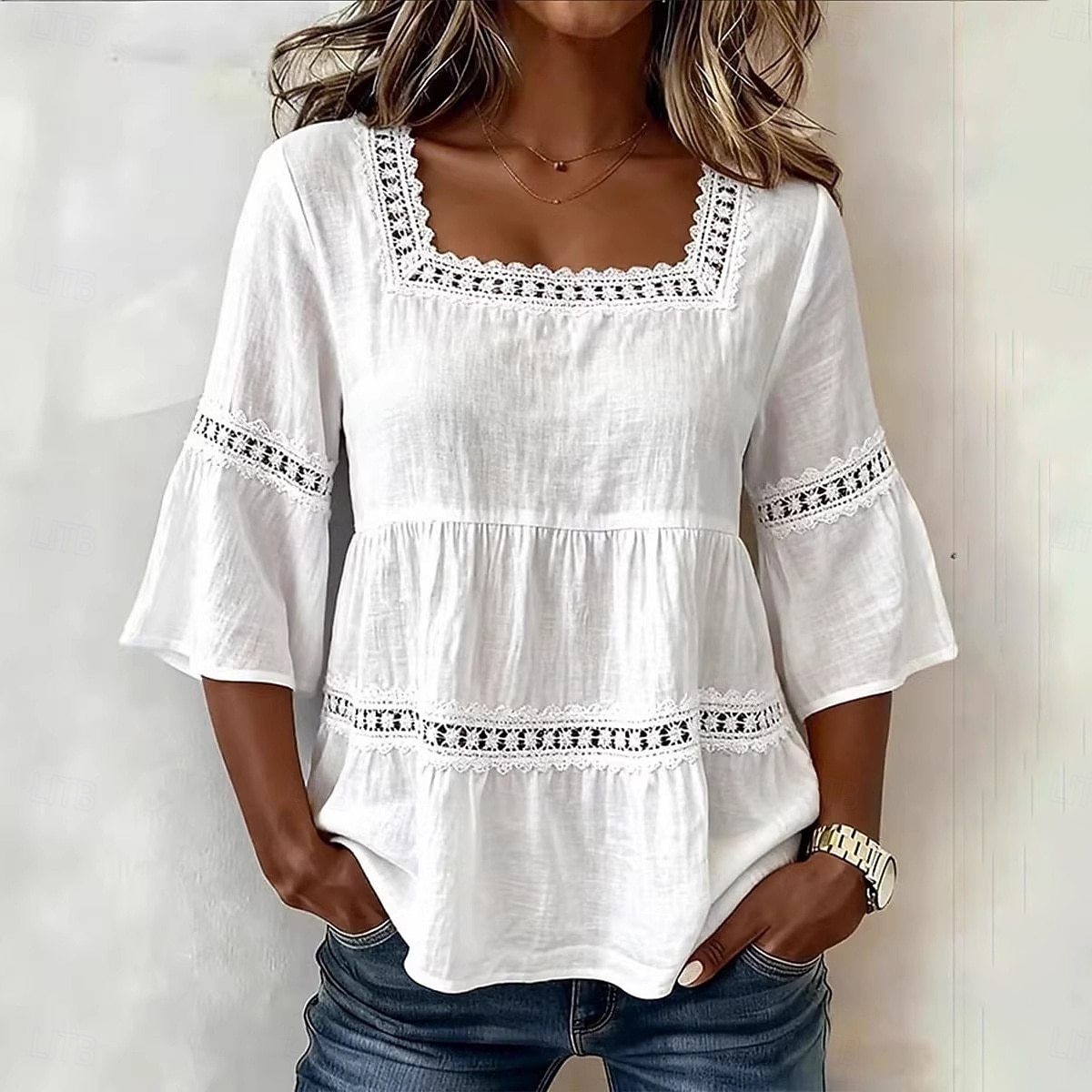 Haut classique en coton et lin pour femme, élégant, à empiècements de dentelle et volants superposés, manches 3/4, col carré, coupe droite, idéal pour un look décontracté au quotidien. Disponible en de 2026 ? $13.99 –P4