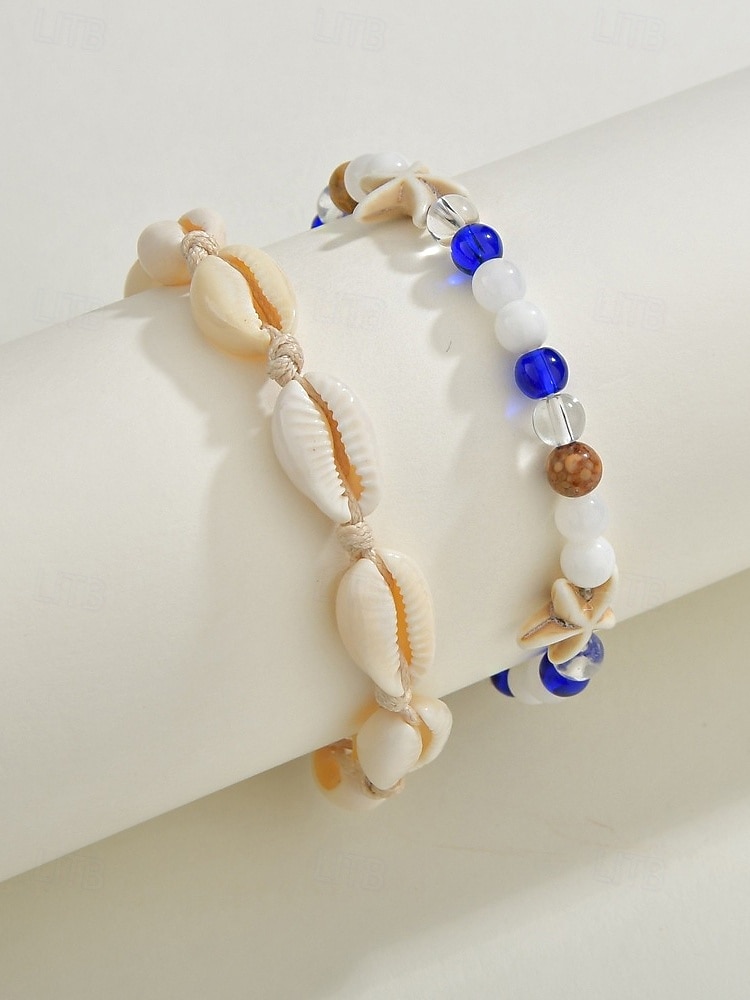 Женский богемный браслет на лодыжку из ракушек с подвесками в виде звезд, двухслойный, регулируемая длина, идеально подходит для пляжного отдыха, повседневной носки и летних аксессуаров. 2026 - $7.99 –P6