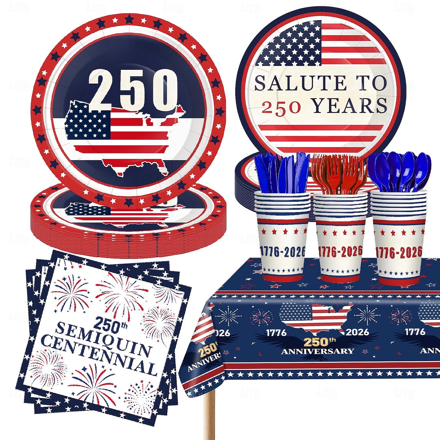 Set di stoviglie usa e getta per la festa del 250° anniversario degli Stati Uniti - rosso, bianco &piatti, tazze e tovaglioli blu &Tovaglia, celebrazione patriottica del giorno dell'indipendenza del 2026 a $21.99 –P1