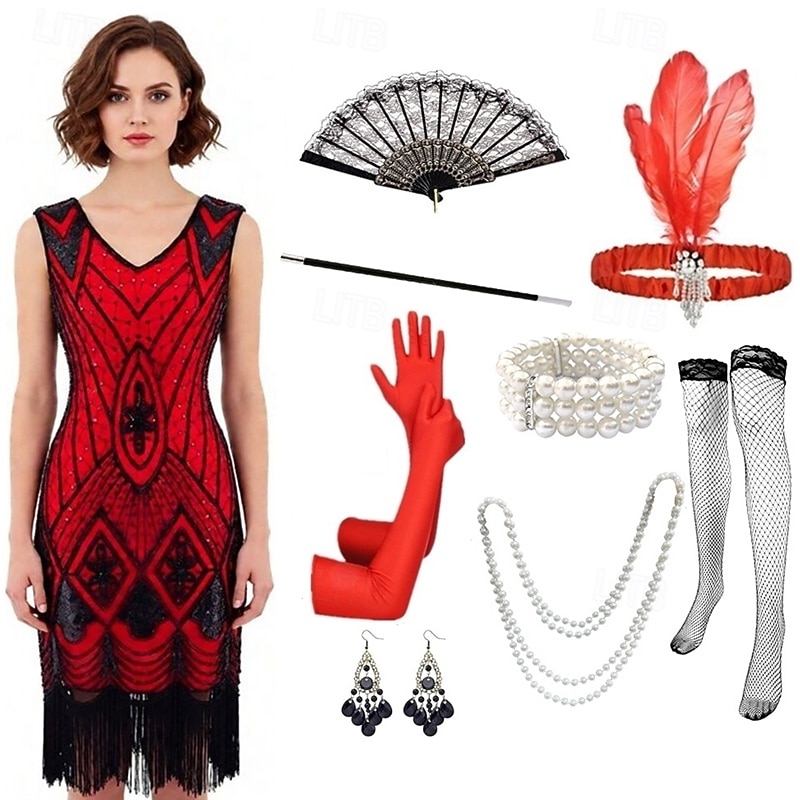 Vintage Roaring 20s 1920s Knee Length Dress Flapper Dress Gloves Sleeveless The Great Gatsby Charleston Sequins Tassel Fringe Fancy Dress Women's Halloween Carnival Cocktail Party Adults' 1 Fan Dress 2026 - $66.99 –P3