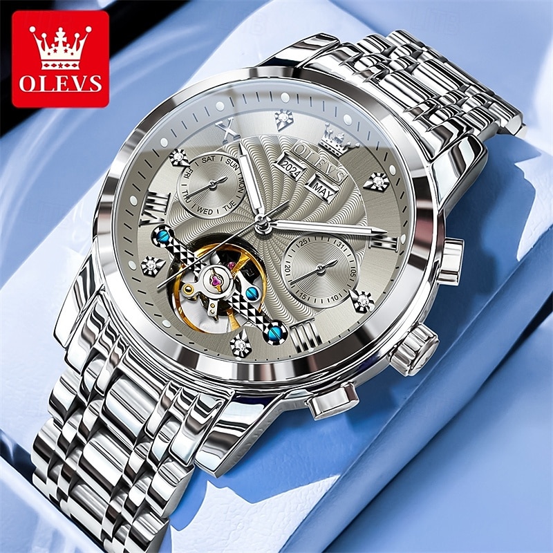 Orologio automatico da uomo Olevs Skeleton, lussuoso orologio da polso da lavoro bicolore in acciaio inossidabile con calendario multifunzione, orologio meccanico analogico luminescente impermeabile, del 2026 a $109.99 –P6