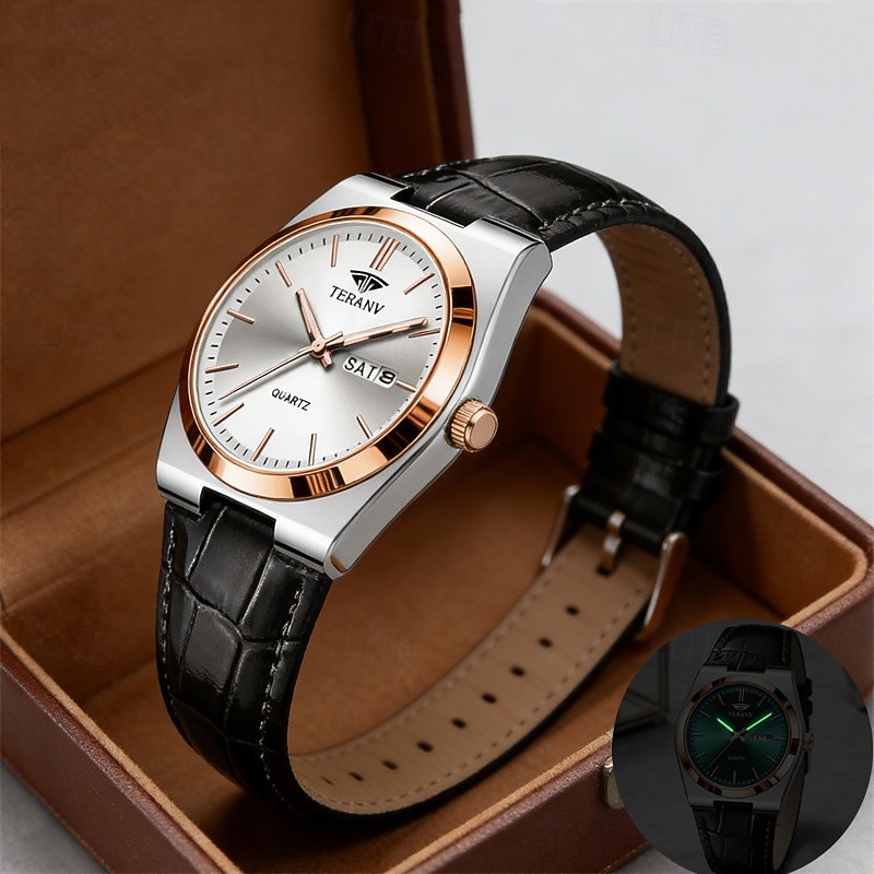 Relógio masculino de quartzo para negócios - relógio de pulso social com pulseira de couro e bisel em ouro rosa, relógio analógico luminoso com dia e data, relógio minimalista à prova d'água para de 2026 por $24.99 –P2
