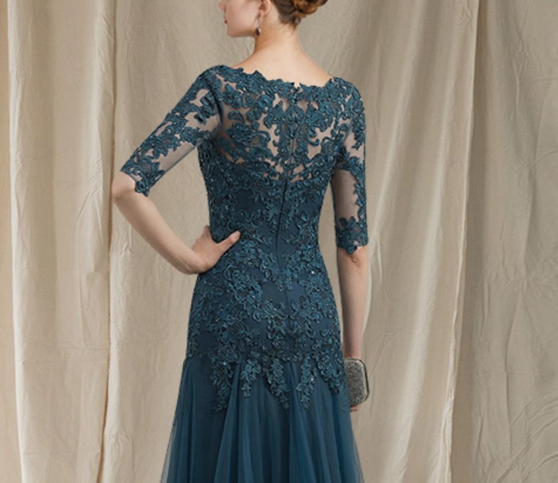 A-Linie Bodenlange Schleppe Kleid für Hochzeitsgäste Abendkleid Brautmutterkleid Halbarm V Ausschnitt Elegant Hochzeitsfeier Spitze Tüll nein mit Rüschen Applikationen 2026 - $206.99 –P9