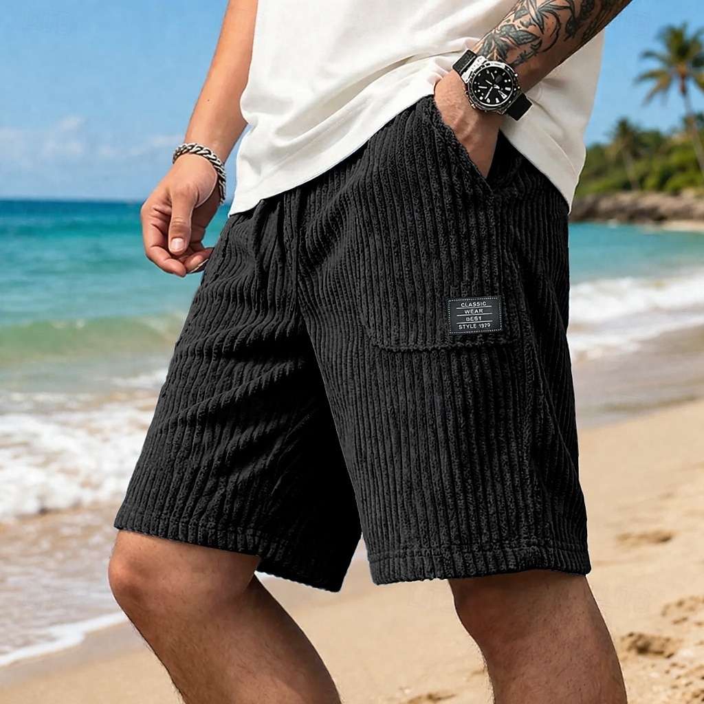 Men's Shorts Casual Shorts Corduroy Shorts Pocket Elastic Waist Plain Textured Comfort Breathable Knee Length Casual Outdoor Beach Vacation Fashion Black White Stretchy 2026 - $26.99 –P9