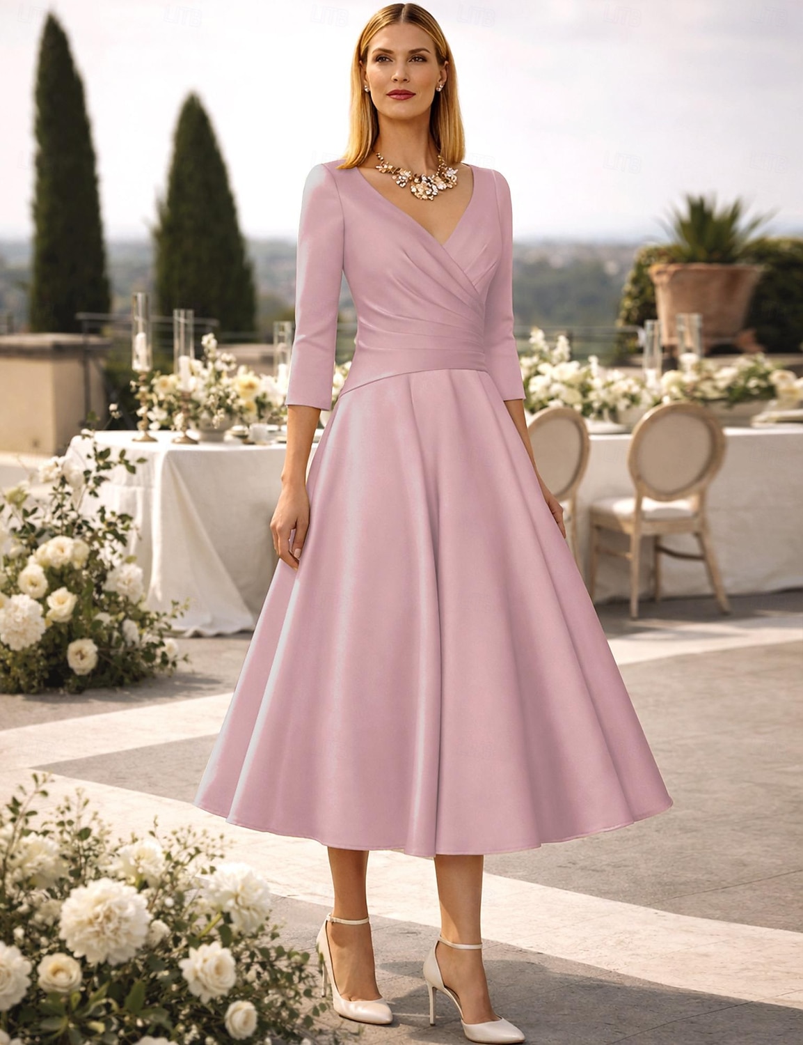 A-Linie Tee-Länge Cocktailkleider Partykleider Elegant Vintage Übergröße Dreiviertelarm V Ausschnitt Hochzeitsgast Satin mit Falten 2026 - $126.99 –P12