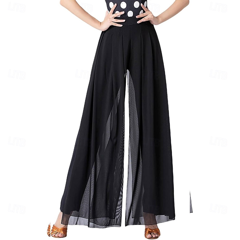 Svarte damebukser til latinamerikansk ballroom-danse – chiffonbukser med lagdelte palazzo-detaljer for rumba og salsa &vals 2026 - $73.99 –P6