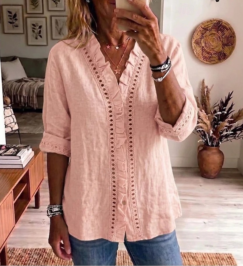 Damen Hemd Patchwork Bestickt Einfarbig Einfach Elegant Bohemien Urlaub Umlegekragen Lange Oberteile Lässig Blau Gelb Rosa Sommer Frühling 2026 - $31.99 –P4