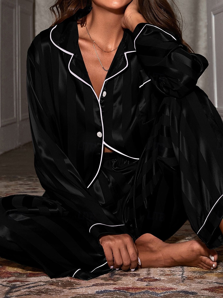 Women's Loungewear Pajama Set Fashion Simple Casual Pure Color Satin Silky Pajamas Pyjamas Elastic Waist Buttons Pant Home Vacation Long Sleeve Shirt Collar Black White Red Green Spring Fall Regular 2026 - $27.99 –P5